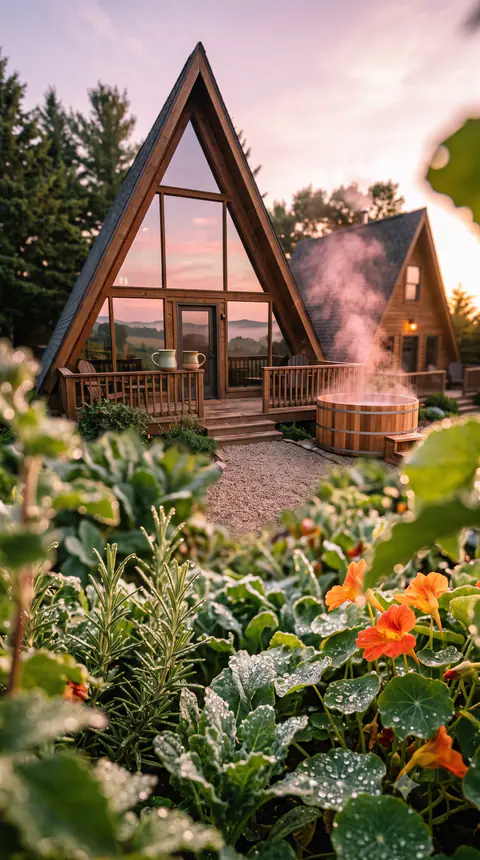 Steaming cedar hot tub beside an A-frame cabin deck with herbs and nasturtiums in the foreground at sunset