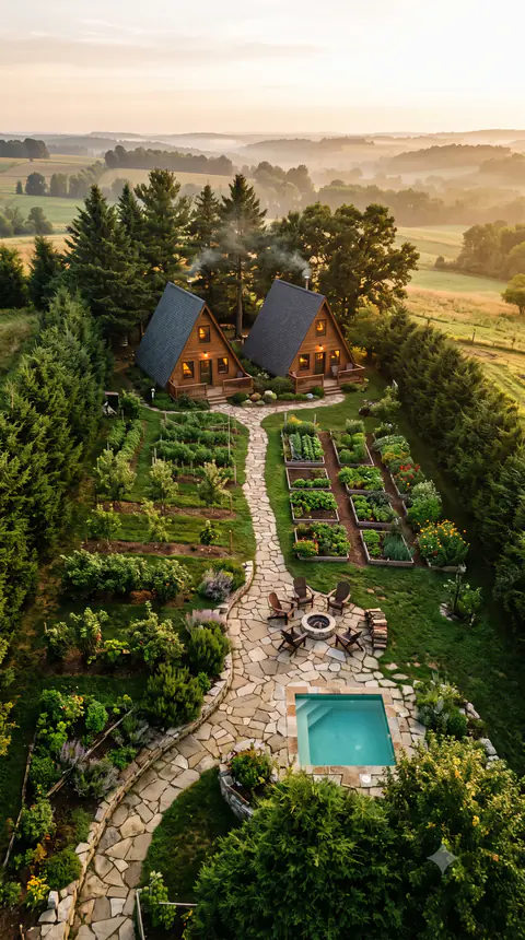 Aerial view of twin A-frame cabins above a permaculture kitchen garden with stone paths, fire pit and plunge pool on a misty morning