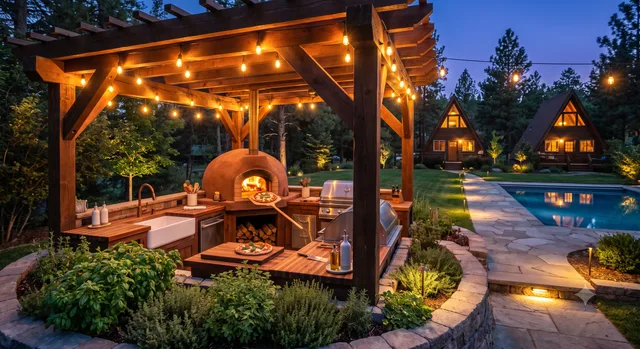 Outdoor kitchen with clay pizza oven under a string-lit timber pergola beside the pool at a twin A-frame cabin retreat at dusk
