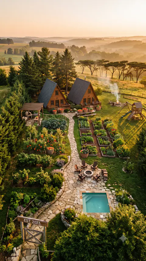 Aerial site plan of an A-frame retreat with twin cabins, raised vegetable beds, fire pit circle, plunge pool and children's play area at golden hour