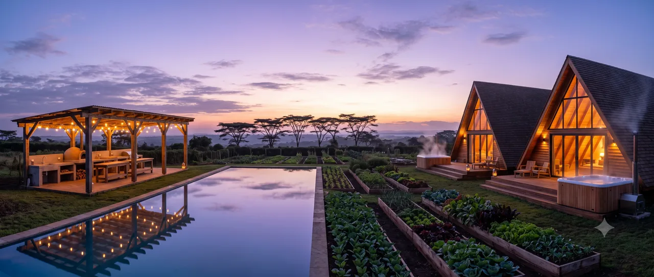 Twin A-frame cabin retreat with pool and kitchen gardens at golden hour